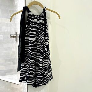 NWOT Trina Turk Silk Black and White Zebra Print Top with Tied Neckline